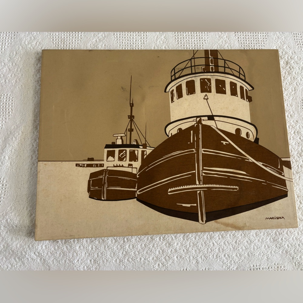 Vintage Marushka Canvas Screen Printed Tugboat Nautical Art Panel Damaged